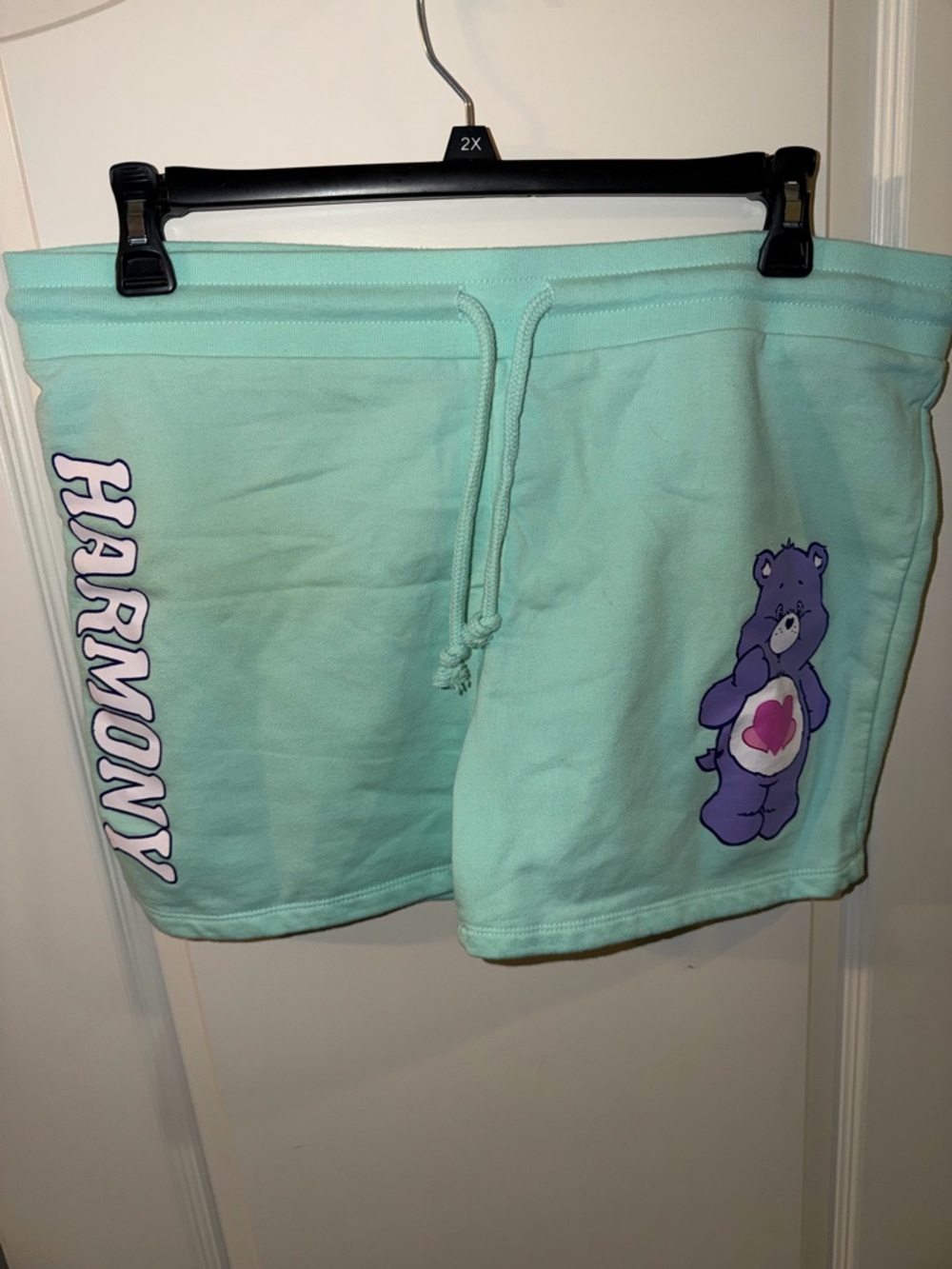 Mint Green Shorts with Purple Bear and 'Harmony' Graphic